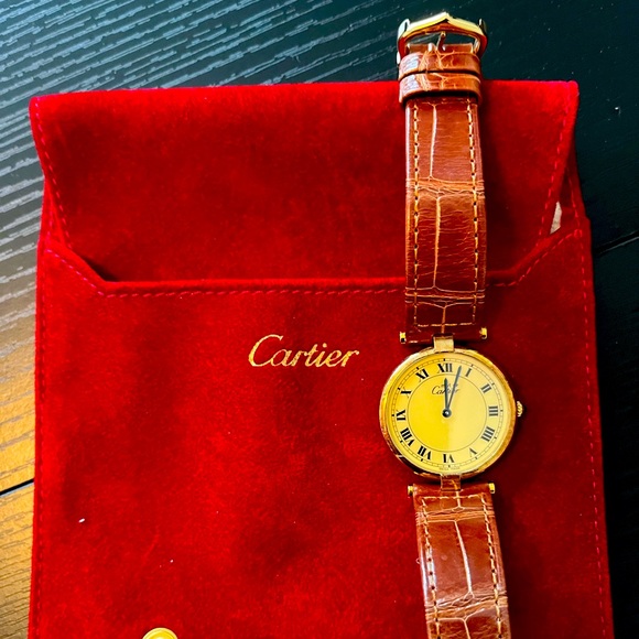 Cartier Gold and Brown Leather Watch - Picture 1 of 2